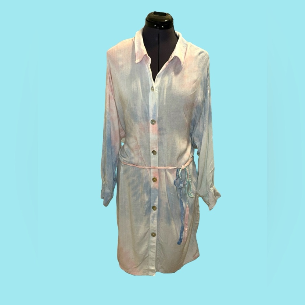 Electric & Rose • Tie Dye Swim Cover Up, Lightweight Dress, Button Up with Tie